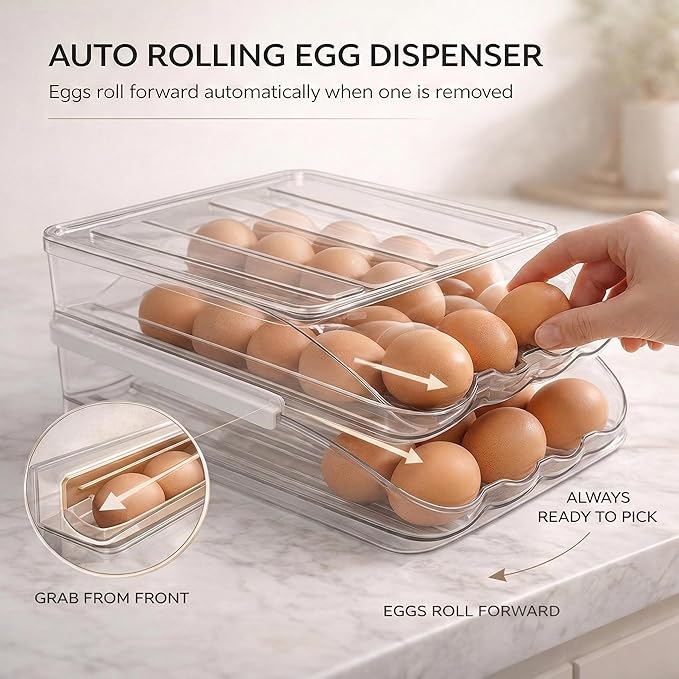 Egg Holder for Fridge with Rolling Auto Dispense, Egg Dispenser for Refrigerator, Stackable Egg Organizer for Refrigerator, Holds 36 Eggs, Clear Space Saving Storage Container for Kitchen Use