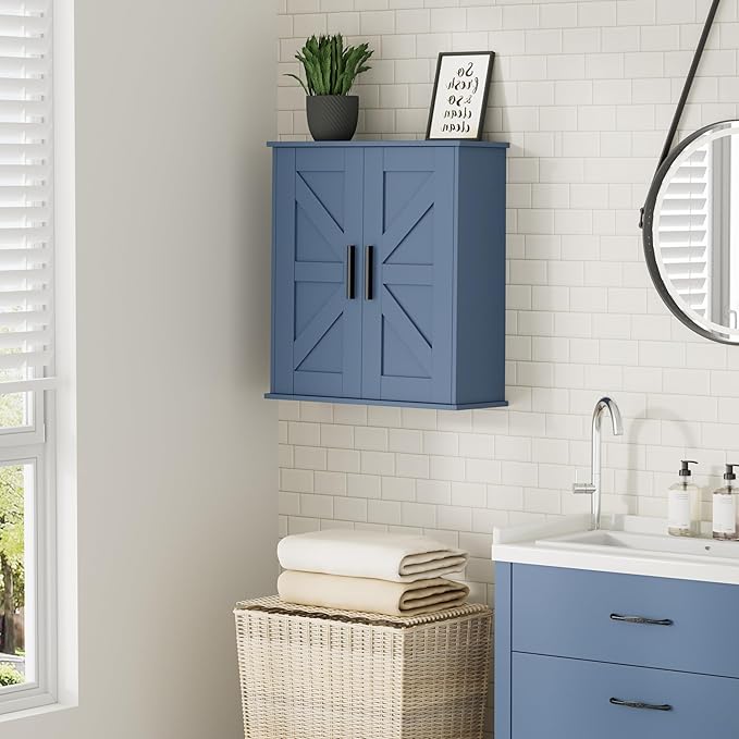 Homleke Bathroom Wall Cabinet, Over Toilet Storage Cabinet with Barn Doors and Adjustable Shelves, 3-Tier Medicine Cabinet Wall Mounted, for Bathroom, Kitchen, Entryway, Laundry Room, Blue, (7.9" D)
