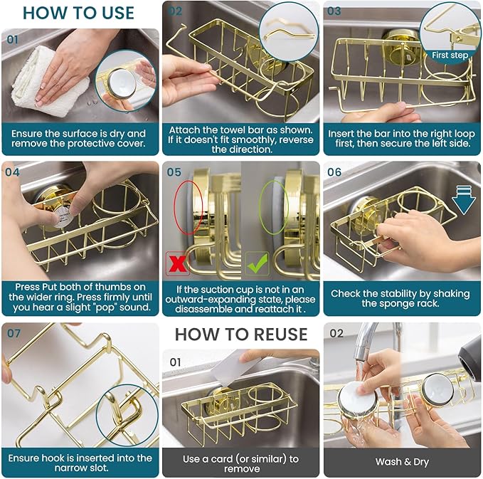 TAILI 4-in-1 Sponge Holder for Kitchen Sink with Strong Suction Cup Removable, Rustproof Stainless Steel Sink Caddy for Sponge, Brush, Scrubber, Scraper -Gold