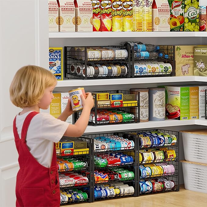 3 Tier Stackable Can Rack Organizer for Pantry, Adjustable Can Holder for Various Ounce of Canned Food Soup Goods Soda Drink, Rolling Tiered Can Dispenser for Kitchen Cupboard Cabinet, 2 Pack