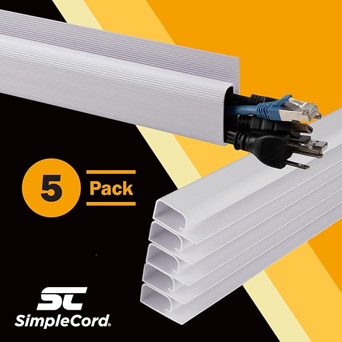 Simple Cord 5 Pack of 16-Inch J Channel Cable Management Under Desk - Easy to Install Adhesive Mount Cord Organizer for Desk, Home Office, No-Drill Wall Cable Organizer (White)