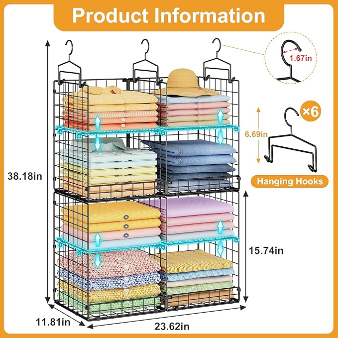 Hanging Closet Organizer with DIY Spacing, Double-Row Closet Hanging Shelves with 4 Adjustable Dividers & 6 Hooks, Heavy Duty Metal Closet Storage Organizer with Front Guard, Split into 2 Units