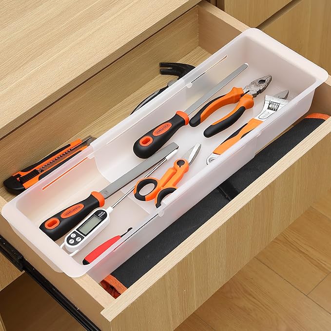 2 Pack Deep Drawer Organizer Bins, Adjustable Sliding Drawer Organizer Bin Expandable Tray for Kitchen Utensils, BBQ Tools, Towels, Durable Plastic Sliding for Easy Storage (17" to 27”)