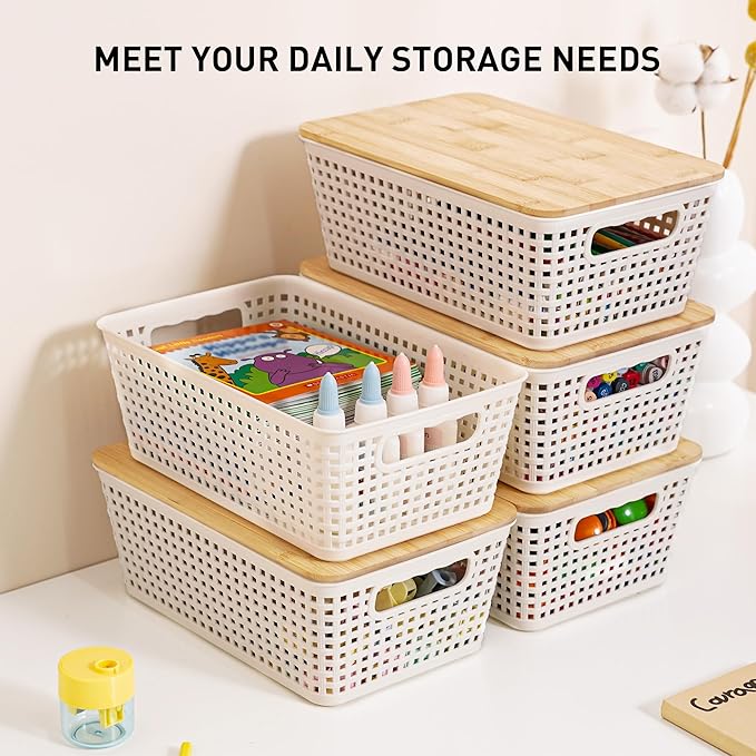 Storage Bins with Lids 10 Packs, Plastic Storage Bins with Bamboo Lids for Pantry Organization and Storage Containers for Shelves Drawers Desktop Closet Playroom Classroom Office Home, White