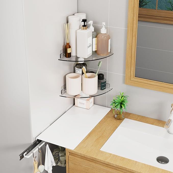 Acrylic Corner Shower Caddy Shelf 2 Pack - Wall Mounted Bathroom Shelves for Glass/Tile/Smooth Walls, Space Saving Storage Organizer for Shower, Kitchen, Bedroom & Toilet Corner