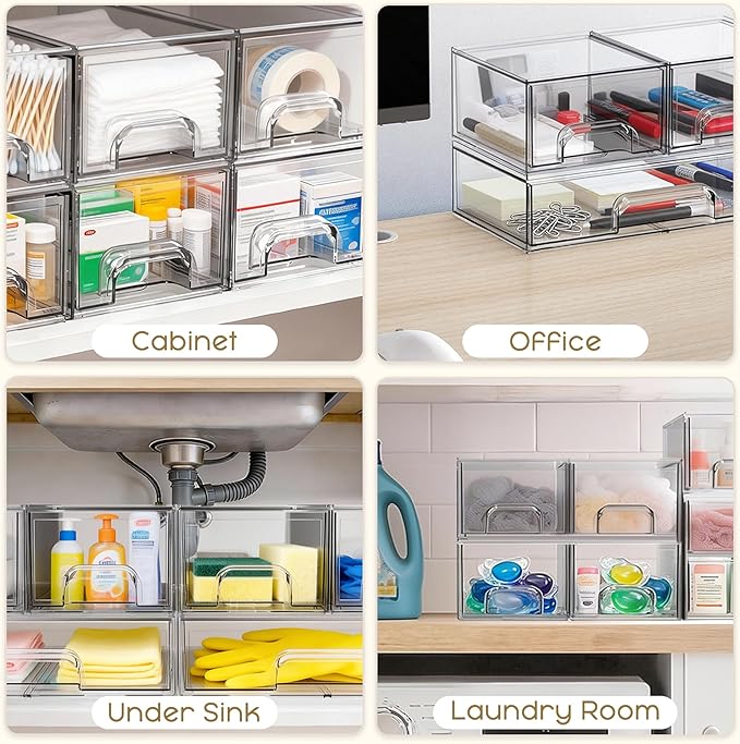 Stackable Storage Drawers, 6 Pack Clear Plastic Makeup & Bathroom Organizer