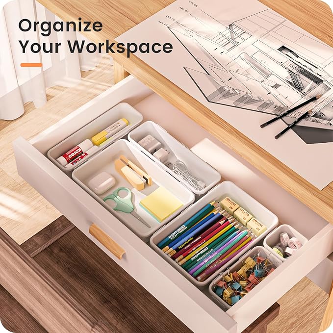 A-LuGei 【Military Grade Drawer Organizer, 【𝟱𝗦𝗶𝘇𝗲】 Makeup organizer, 【Holds 177 Items】 Bathroom Organizers and Storage, Organization and Storage, Desk Drawer Organizer for Vanity (White)