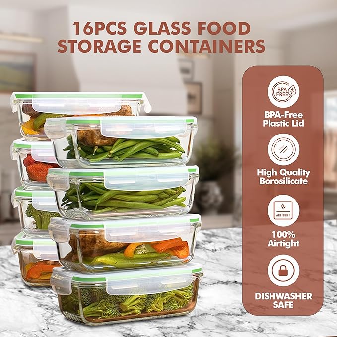 Razab 16 Pc (Set of 8) 30 Oz Glass Meal Prep Containers with Lids, Airtight Large Glass Food Storage Containers, Reusable Leak Proof BPA Free, Freezer to Oven and Dishwasher Safe
