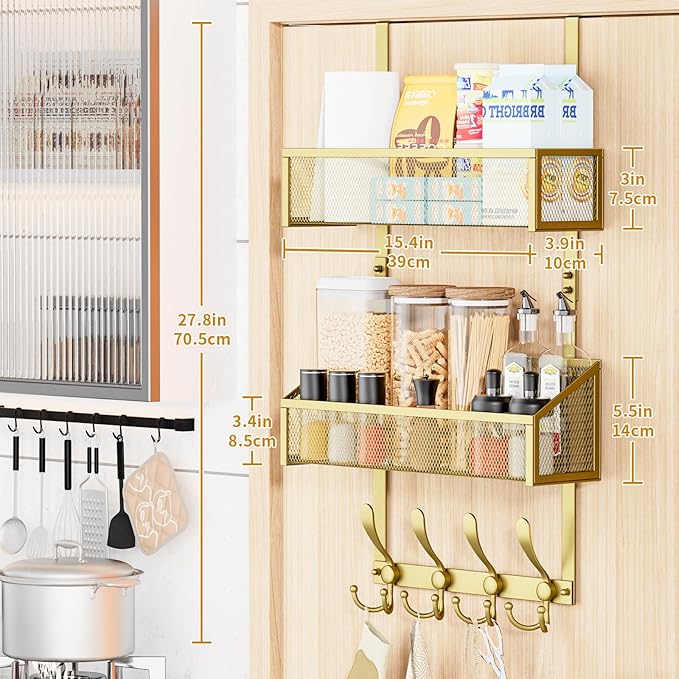 Kaiferty Over The Door Hooks Organizer, Coat Rack Over The Door Storage Hanger Towel Rack, Back of Door Storage Organizer for Bathroom,Bedroom,Kitchen,Office (Gold, 3-Tier)
