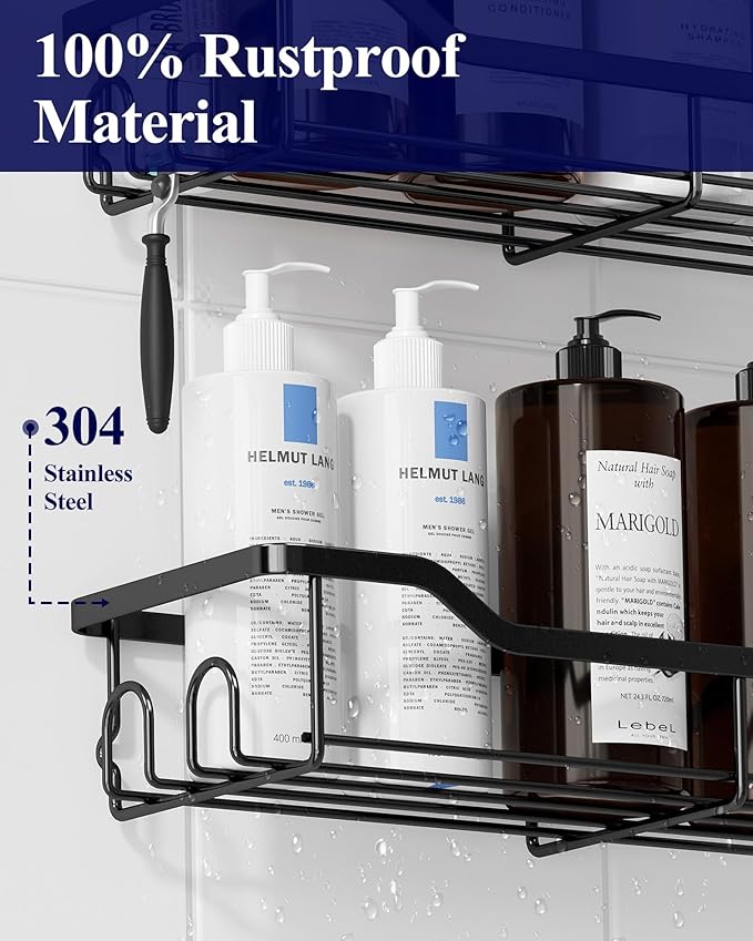 Kitsure Shower Caddy Large - Adhesive Shower Organizer, Stainless Steel Shelf for Inside Shower, No Drill Bathroom Organizers and Storage, Home Decor Accessories, 2 Pack, Black