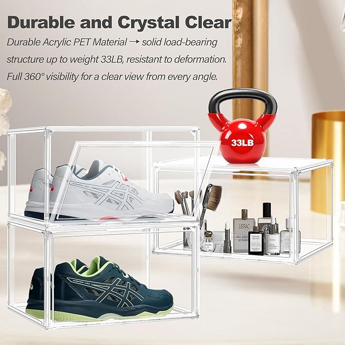 5 Pack Acrylic Shoe Box Size 14, Clear Plastic Stackable Sneaker Shoe Display Case Transparent Storage Bins Handbag Organizer Containers with Magnetic Lids, Figures Collectibles Showcase