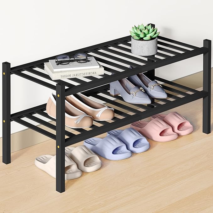 Smiry Bamboo Shoe Rack for Closet, 2 Tier Wooden Shoe Organizer, Stackable Wood Shoe Storage Shelf for Entryway, 14 Vertical Slats, One-piece Heavy-Duty Legs, 26.77"x11.02"x12.99", Black