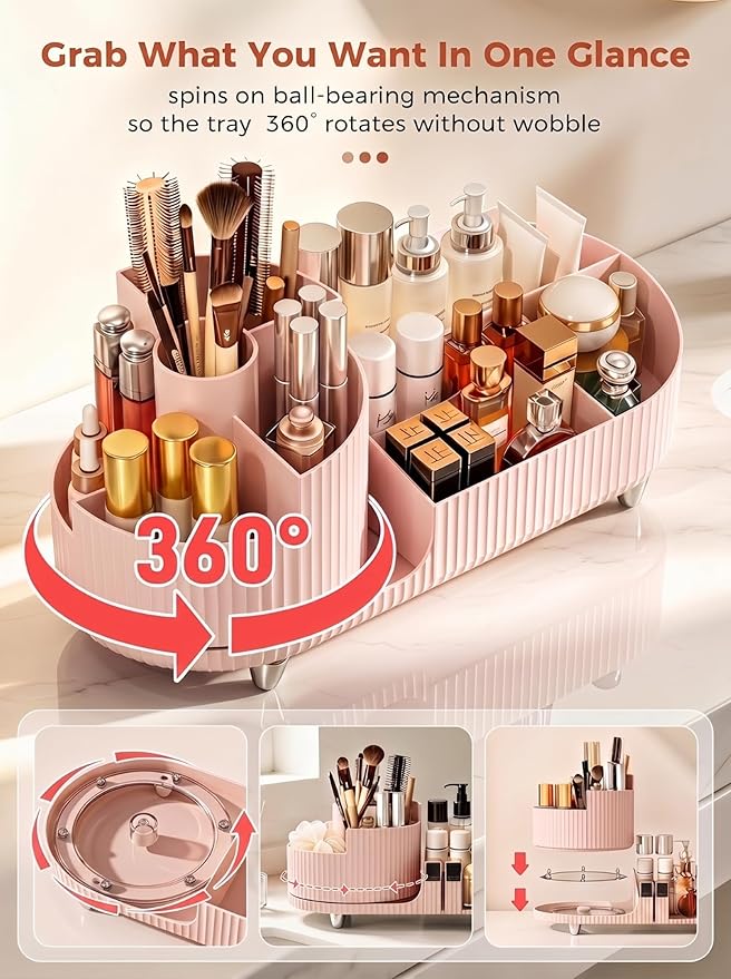 Rotating Makeup Caddy Organizer for Vanity, Pink