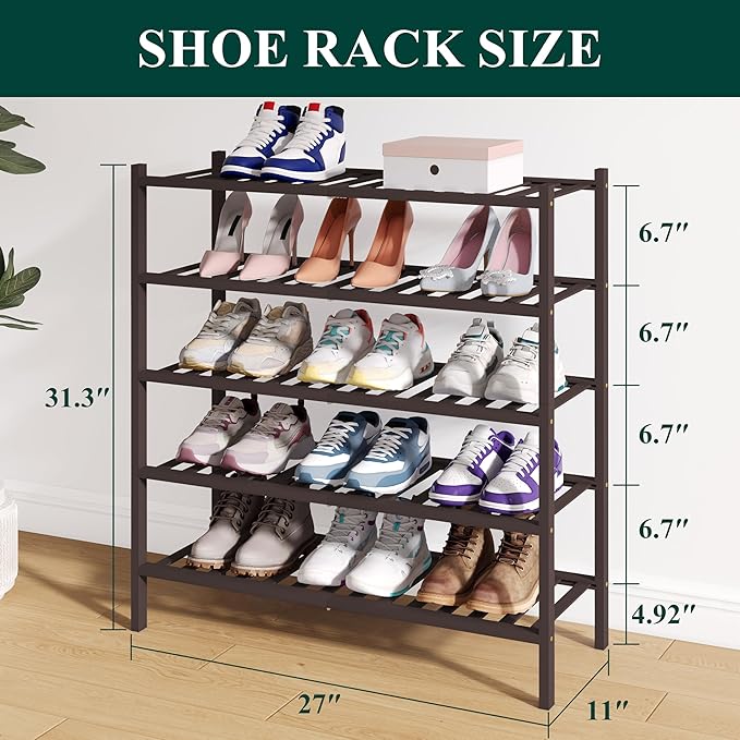 Smiry Bamboo Shoe Rack for Closet, 5 Tier Wooden Shoe Organizer, Stackable Wood Shoe Storage Shelf for Entryway, 14 Vertical Slats, 2+3 Stack Heavy-Duty Legs, 26.77"x11.02"x31.3", Brown