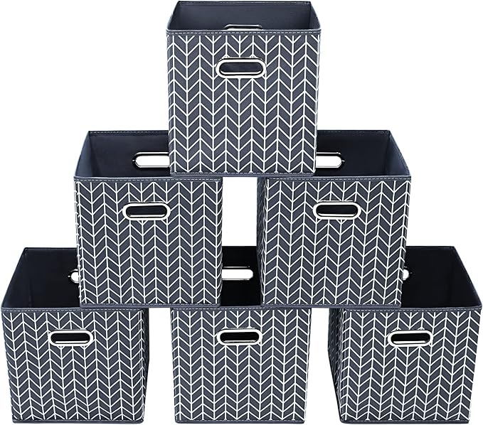 11 Inch Cube Storage Bins , Fabric Cube Organizer Bins with Handle, Foldable Cube Bins for Cloth or Accessary Storage, 11x11x11 set of 6,（Gray Wave）