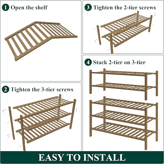 Bamboo Shoe Rack for Closet, 5 Tier Wooden Shoe Organizer, Walnut