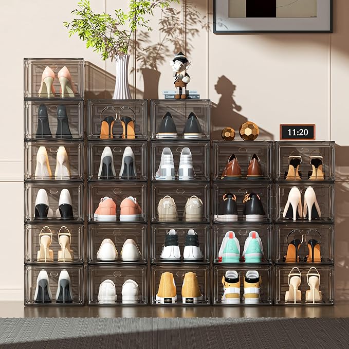 ARSTPEOE Upgrade Harder Solid Plastic Shoe Organizer with Magnetic Front Door, 12 Pack Shoe Boxes Clear Stackable, Sneaker Storage for Closet, Shoe Display Case, Black