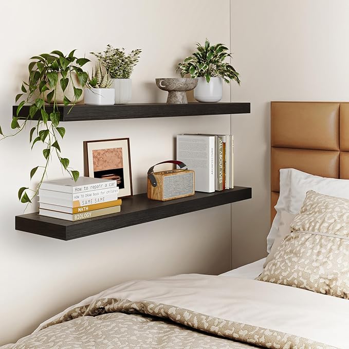 Fixwal Floating Shelves for Wall, 35" Long Heavy Duty Wall Mounted Rustic Wood Shelves for Living Room, Bedroom, Bathroom and Kitchen, Wall Shelves for Storage, Books, Room Decor (Black, Set of 2)