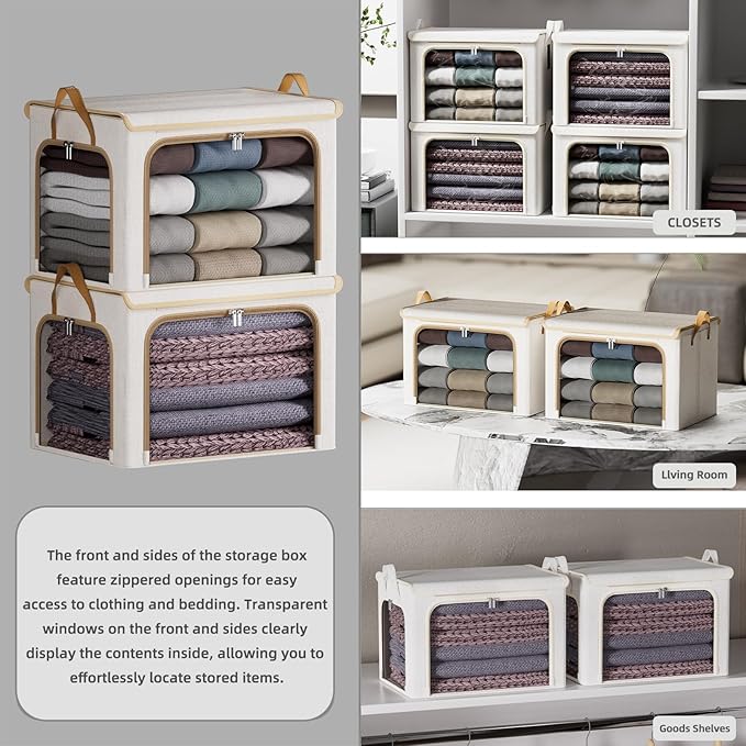4 Pack Clothes Storage Bins with Metal Frame - 66L Stackable Storage Box with Lid，Foldable Storage Container Organizer for Clothes，Linen Fabric Storage Box with Clear Window＆Zippers＆Handles