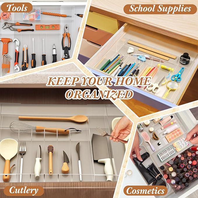 Teenyyou 1 Pack Expandable Kitchen Drawer Organizer Clear Acrylic Utensil Organizer Adjustable Acrylic Silverware Storage for Drawers Silverware Flatware Knives (18.5 x 17.4 Inches,9-11 Compartments)