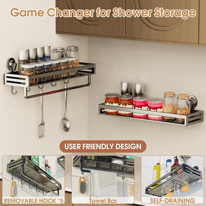 Suction Cup Shower Caddy, 15.7inch Extended Version, With 5 Hooks & Towel Rrack