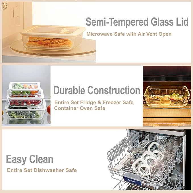Urban Green Glass Food Container Set with Glass Lid, 3 Pack, White Color