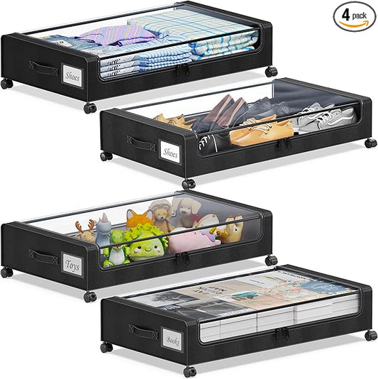 YAASHEEN Under Bed Storage with Wheels, 4-Pack Under the Bed Storage Containers with Clear Lids & Label, Underbed Storage Bins, XXL 60L Rolling Metal Drawer for Clothes, Shoes, Toys, Books - Black