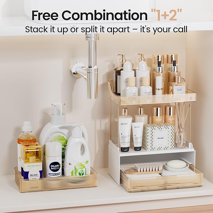 Delamu Bathroom Organizers and Storage, 2 Tier 2 Drawer Makeup Organizer Countertop, Easy to Install, Ideal for Bathroom Counter, Vanity, Ideal Gifts for Women Girls, Amber