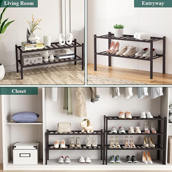 Smiry Bamboo Shoe Rack, 6 Tier Free Standing Wooden Shoe Organizer, Stackable Wood Shoe Storage Shelf for Closet, Entryway, 12 Vertical Slats, 2+2+2 Stack Standard Legs, 26.8"x11"x39", Brown