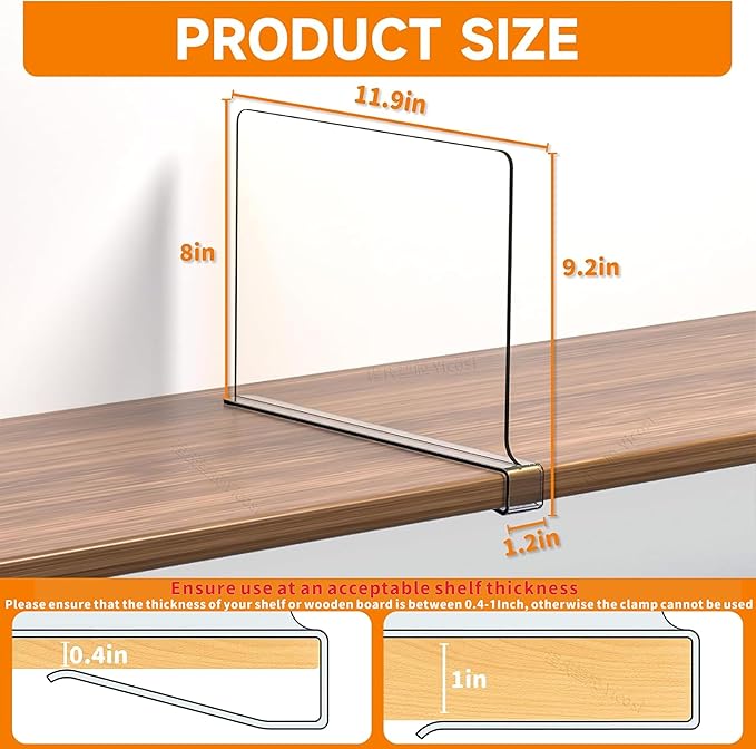 Yieach 6 Pack Clear Acrylic Shelf Divider for Closet Organization - 9.2″ Tall Closet Dividers for Wood Shelves,Cupboard,Vertical Shelf Separators in Closet for T-Shirt,Purse,Handbag,Sweater Organizer