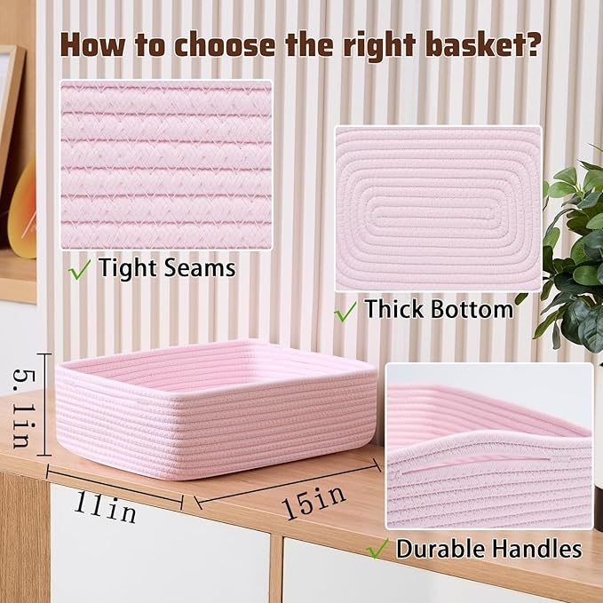 MiniArk Large Shallow Organizing Baskets 15x11x5.1 Inches - Rope Woven Storage Bins for Bathroom, Shelves, Cube Closet, Light Pink 2 Packs