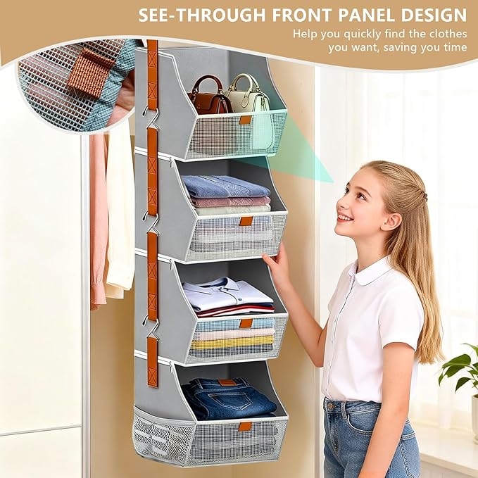 Fabric 4 Tier Hanging Closet Organizers Heavy Duty Shelf Hanging Storage Towel Clothes Sweater Jeans Bag Organizer For Closet For Bedroom,Dorm,RV,See Through Front Panel, Space-Saving (Grey-4Tier)