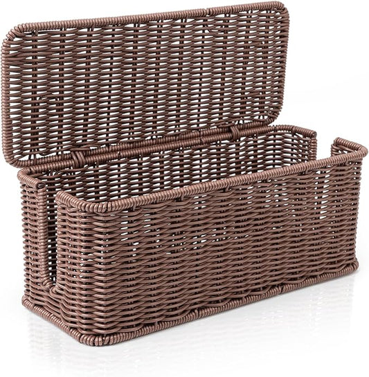 Cable Management Box, Handmade Rattan Cable Organizer with 2 Open Slots, Brown