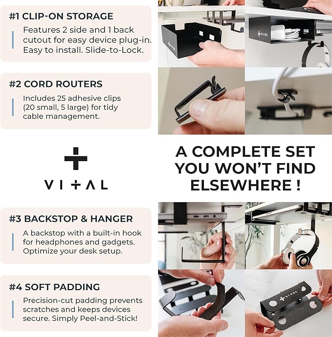 VI+AL Under Desk Laptop Mount - Hidden Metal Shelf with Side Storage, Hook & Cable Organizer - Installs with Tape & Screws - Fits Devices up to 1.7" Thick - Deluxe