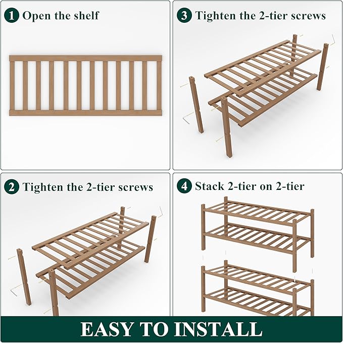 Smiry Bamboo Shoe Rack, 4 Tier Free Standing Wooden Shoe Organizer, Stackable Wood Shoe Storage Shelf for Closet, Entryway, 14 Vertical Slats, 2+2 Stack Heavy-Duty Legs, 26.8"x11"x26", Walnut
