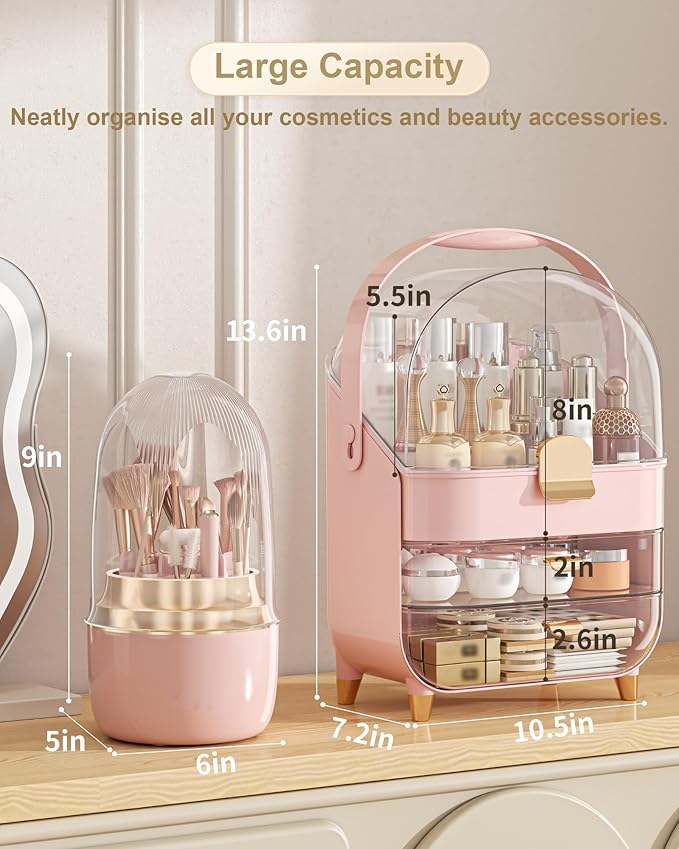 Makeup Organizer Countertop, Skincare Holder Bathroom Counter Organizer, Storage Box Cosmetic Display Cases, Teen Girl Gifts Make up Organizers (Pink/Brush)
