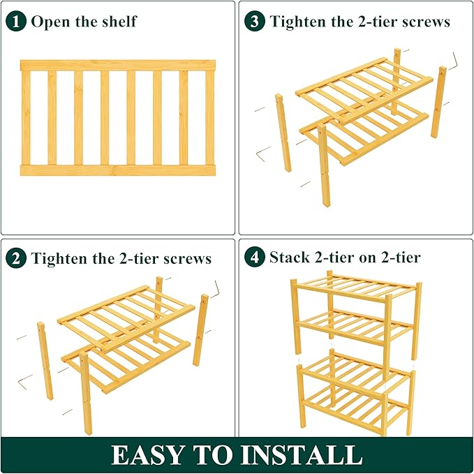 Smiry Small Bamboo Shoe Rack, 4 Tier Free Standing Wooden Shoe Organizer, Stackable Wood Shoe Storage Shelf for Closet, Entryway, 12 Vertical Slats, 2+2 Stack Standard Legs, 17.3"x11"x26", Natural