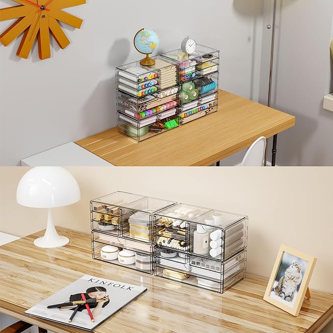 Yieach 2 Pack Acrylic Drawer Organizer With 6 Drawers,Stackable 11.1” Large Clear Storage Drawers and Makeup Organizer For Vanity,Bathroom Countertop,Cabinet,Pantry,Office Supply Storage Bins Drawers
