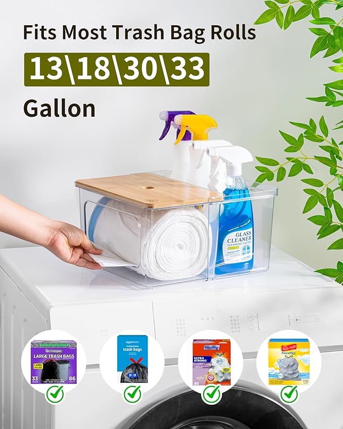 iCASA Trash Bag Dispenser Dishwasher Pod Holder - 5 in 1 Plastic Garbage Bag Under Sink Organizer, Acrylic Dryer Sheet Balls Laundry Pods Container with Bamboo Lid, Pantry Organizers and Storage Box