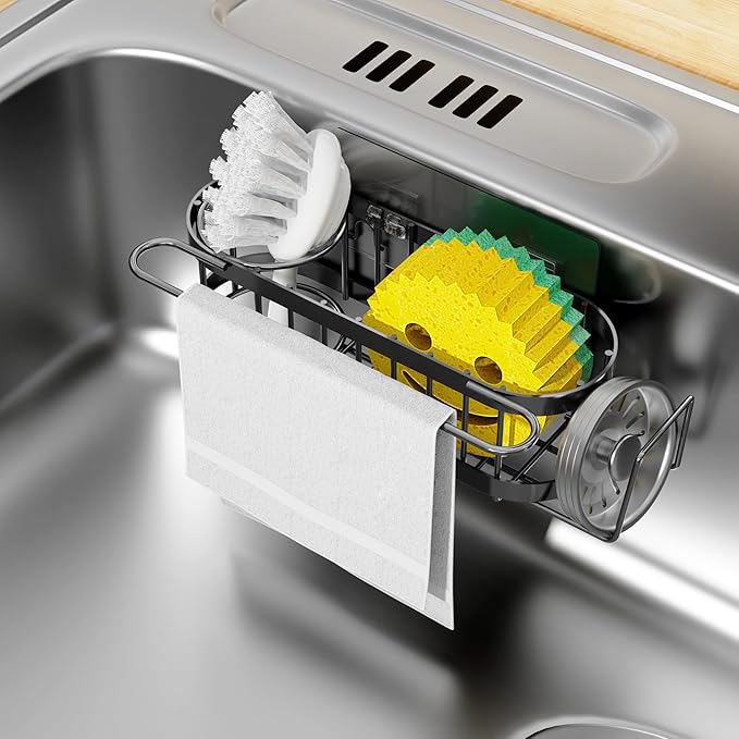 Cisily Kitchen Sink Caddy Sponge Holder in The Sink, Suction cup-Black