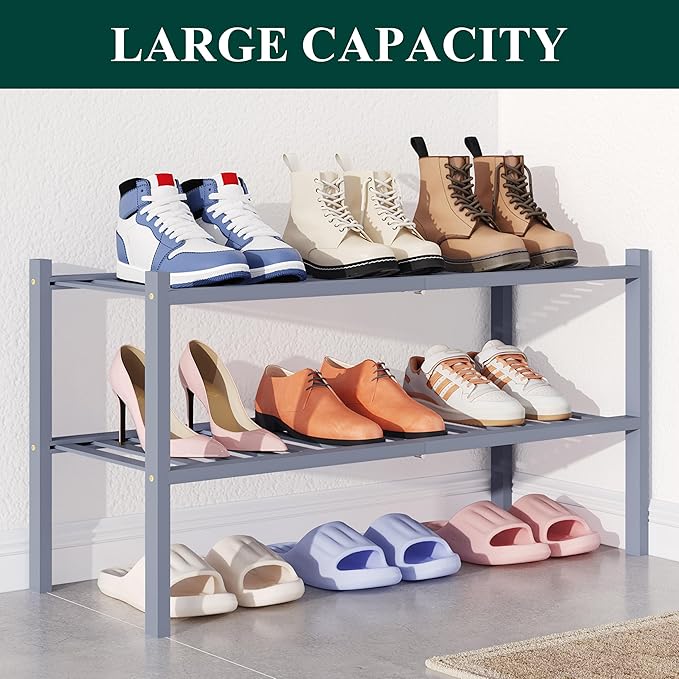 Smiry Bamboo Shoe Rack for Closet, 2 Tier Wooden Shoe Organizer, Stackable Wood Shoe Storage Shelf for Entryway, 14 Vertical Slats, One-piece Heavy-Duty Legs, 26.77"x11.02"x12.99", Grey