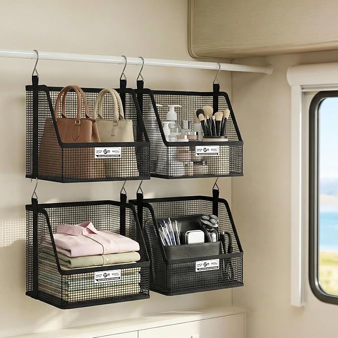 STORAGE MANIAC 3 Tier Hanging Closet Organizer with Mesh Baskets, Clothes Hanging Shelves, Foldable Stackable Storage, Space-Saving Collapsible Basket with Hooks for RV, Dorm, Bedroom, College, Black