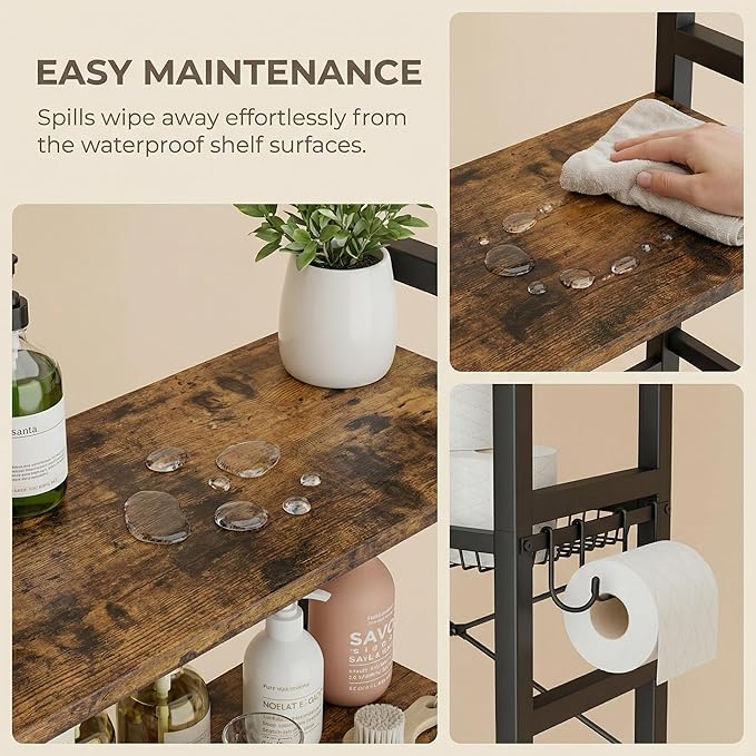 76" H Over the Toilet Storage Rack, 4-Tier Bathroom Organizer with Toilet Paper Holder & Hooks, Metal Frame with Wooden Shelves, Space Saver for Small Bathroom, Rustic Brown and Black