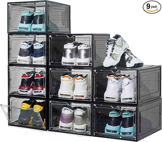 ZLLZUU 9 Pack X-Large Shoe Organizer, Thicken&Sturdy Shoe Storage Box with Clear Magnetic Door, Stackable Shoe Box with Solid Plastic, Shoe Organizer for Closet (Black)