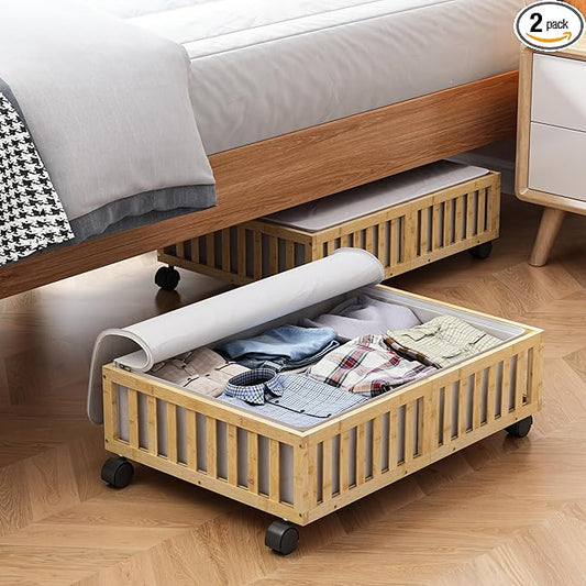 Bamboo Under Bed Storage Containers with Wheels, Under Crib Toy