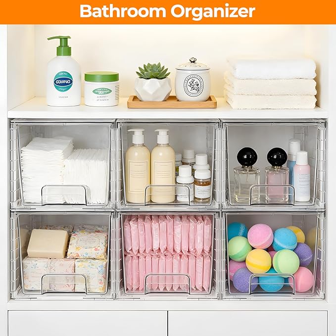 2 Pack Stackable Acrylic Storage Drawers – Clear Plastic Organizer Bins, Easy to Assemble, Suitable for Bathroom, Undersink, Kitchen, Pantry, Makeup, Medicine Organization