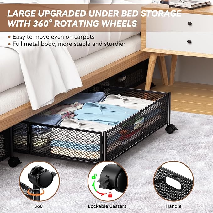 PHINOX Under Bed Storage Containers with Wheels - Shoe Storage Organizer Drawer, Tool-free Assembly Metal Underbed Storage for Bedroom Clothes, Shoes, Blankets - 4Pack