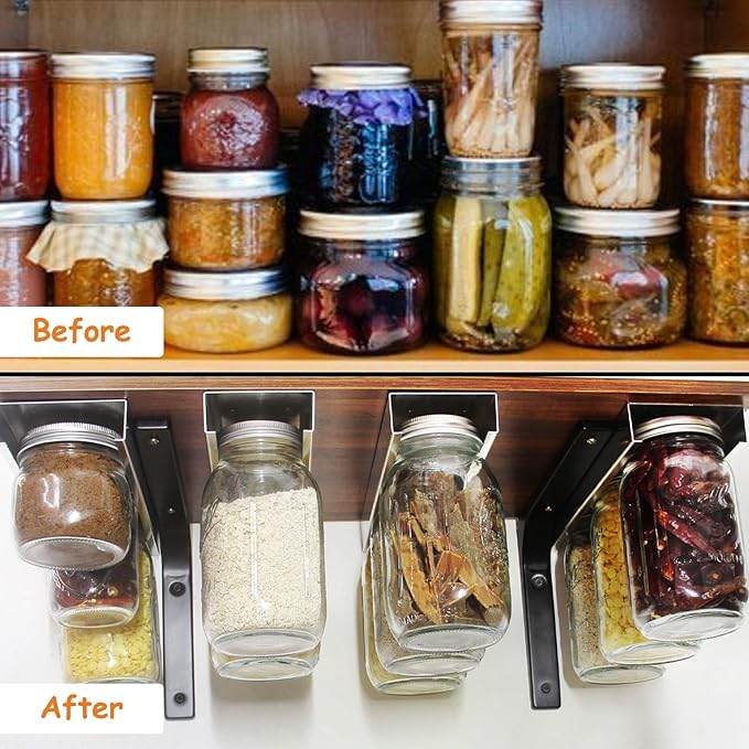 lopeztek Mason Jar Organizer, Canning Rack for 4 8 12 16 24 32 64 oz, Under Cabinet and Pantry Food Storage Hanger Accessories(2Pcs-Regular-Long)