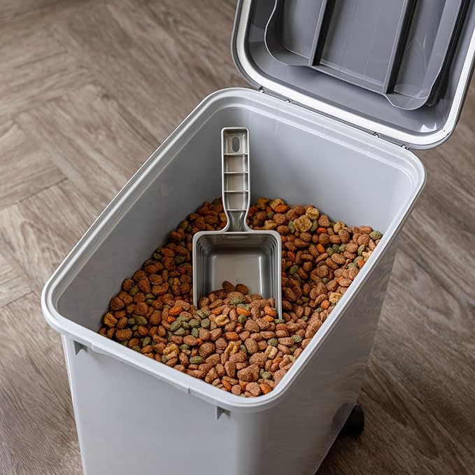 USA Dog Food Storage Container with Wheels, Airtight Lid, 2-Cup Scoop