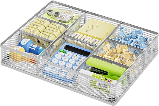 Marbrasse Desk Drawer Organizer, Metal Mesh Drawer Organizer Tray with 5 Adjustable Compartments,Desk Organizers and Accessories for Home,Office,Kitchen,Makeup,Vanity (Silver)